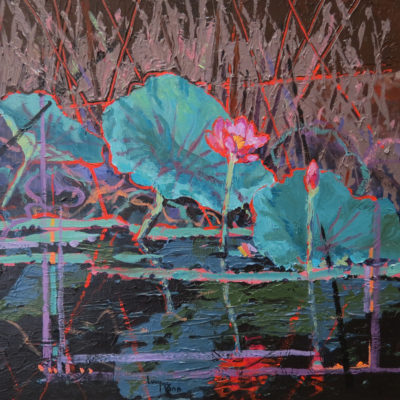 Lotus in Red 25cm x 25cm acrylic by Lucy McCann
