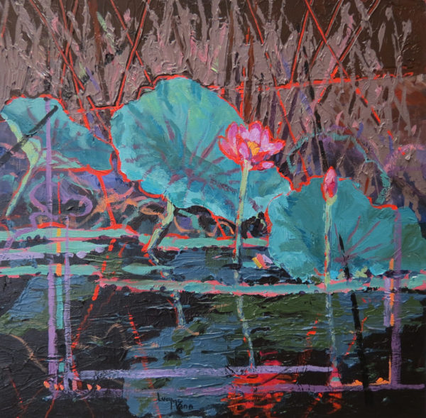 Lotus in Red 25cm x 25cm acrylic by Lucy McCann