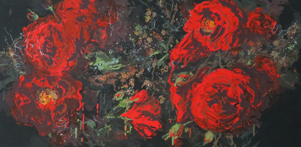 Red and Berries 95cm x 45cm acrylic by Lucy McCann