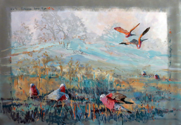 Timeless Land – The Gathering 110cm x 70cm acrylic by Lucy McCann